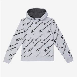 Champion Men's Diagonal All Over Script Logo Print Fleece Pullover Hoodie